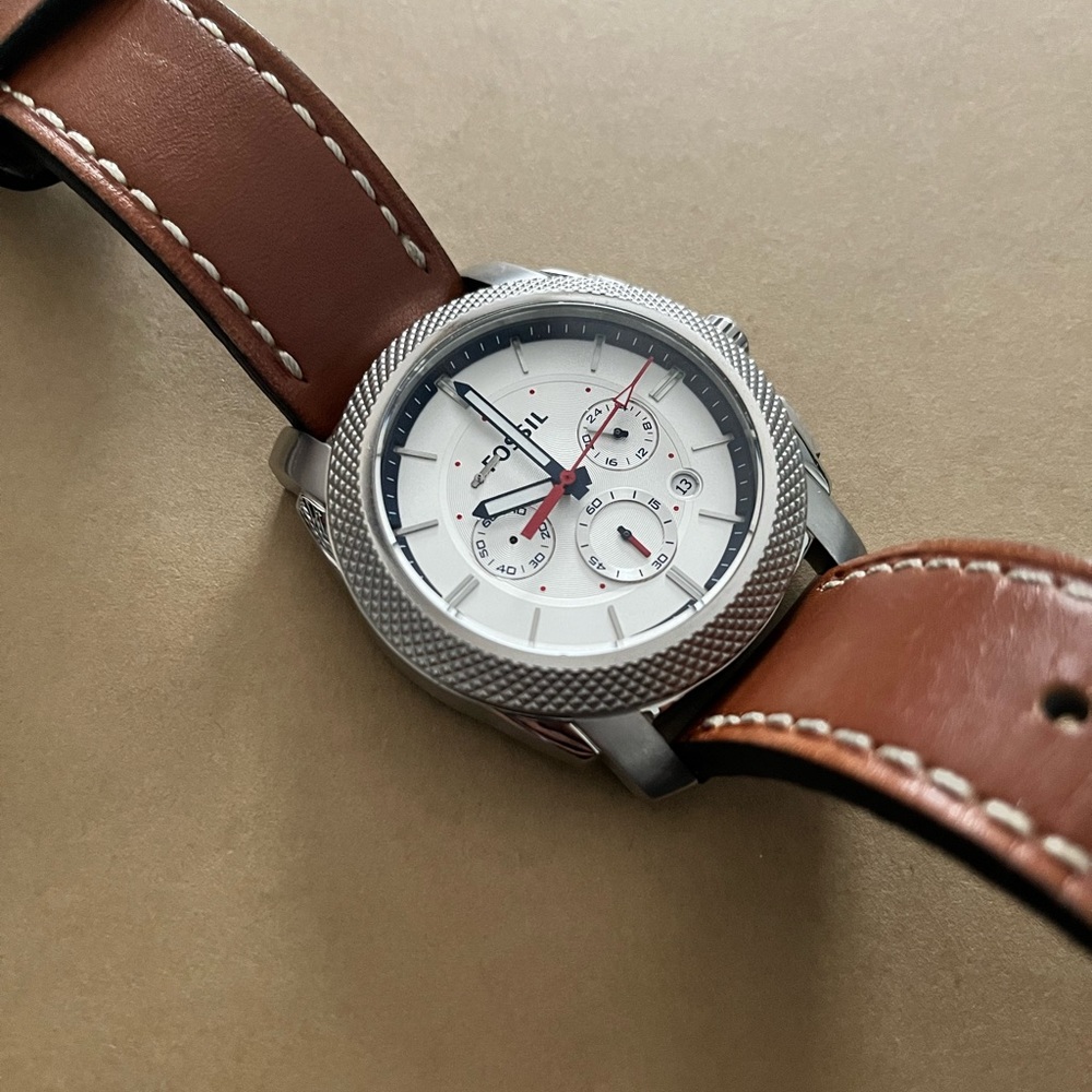 FOSSIL Machine Chronograph Silver Dial Light Brown Leather Men's Watch FS5063